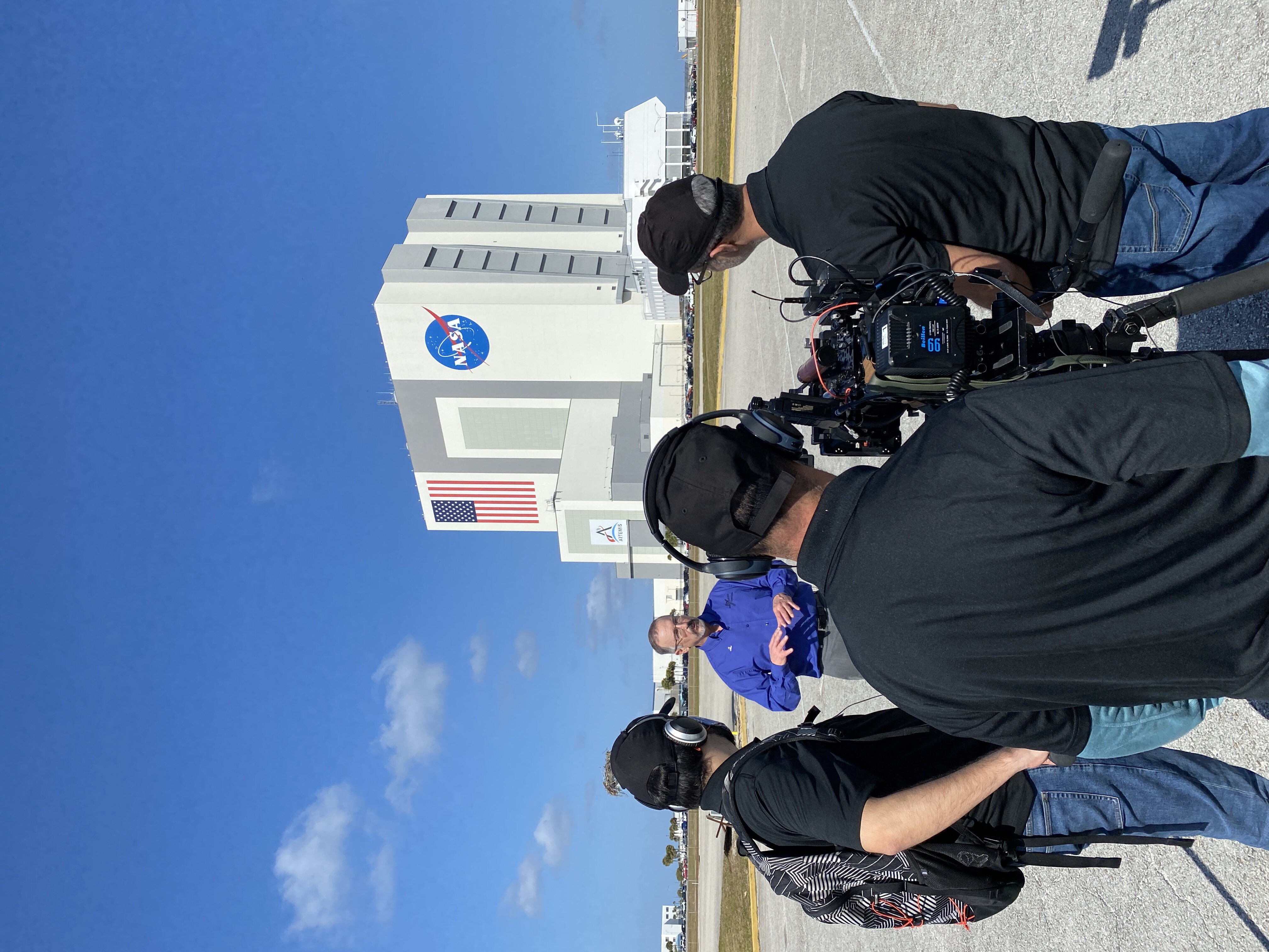 Steven Bailey and crew members on exterior shoot at Kennedy Space Center